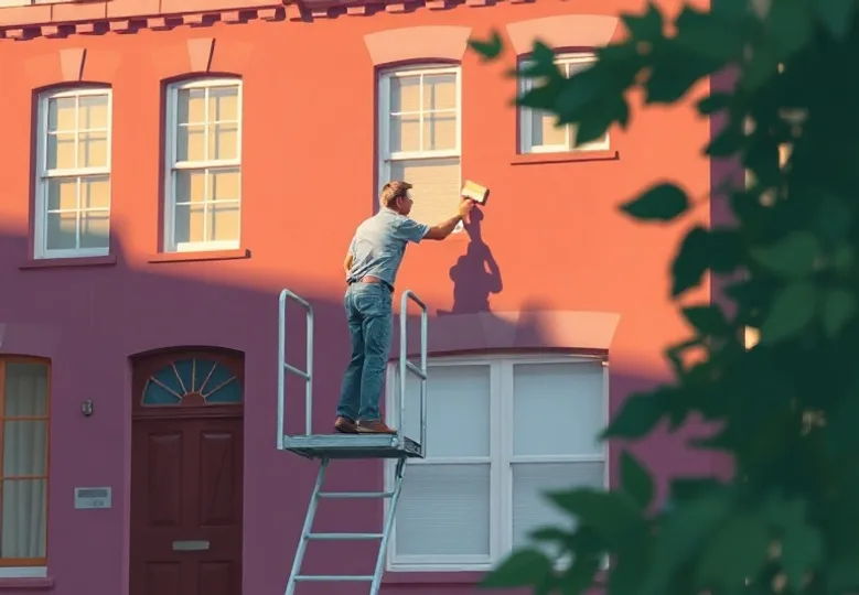 Peintre sur échafaudage traitant la façade d'une maison